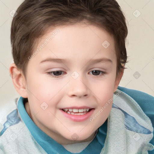 Joyful white child female with short  brown hair and brown eyes