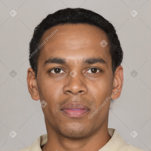 Neutral black young-adult male with short  black hair and brown eyes