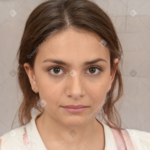 Neutral white young-adult female with medium  brown hair and brown eyes