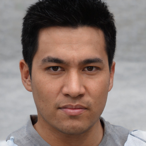 Neutral asian young-adult male with short  black hair and brown eyes