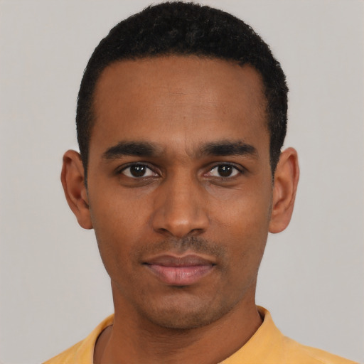 Neutral black young-adult male with short  black hair and brown eyes