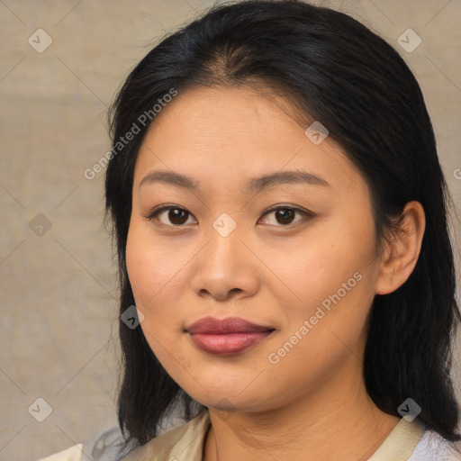 Joyful asian young-adult female with medium  brown hair and brown eyes