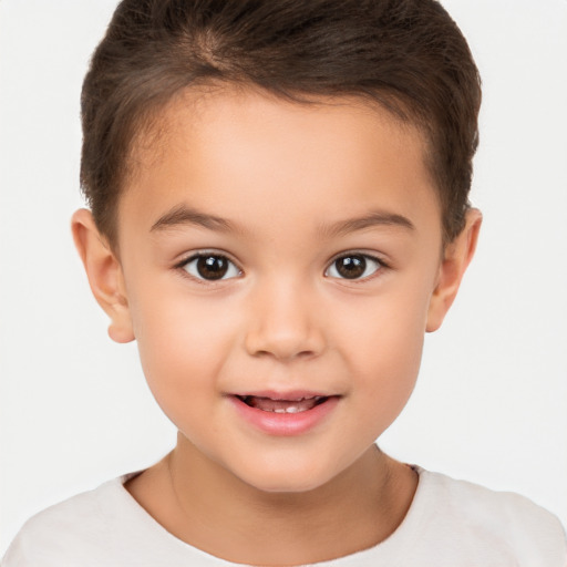 Joyful white child female with short  brown hair and brown eyes