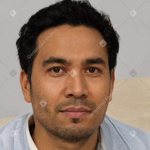 Neutral asian adult male with short  black hair and brown eyes