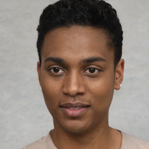 Neutral black young-adult male with short  black hair and brown eyes