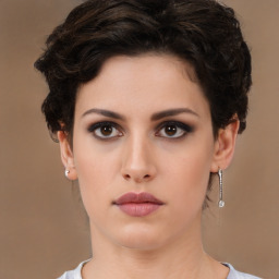 Neutral white young-adult female with short  brown hair and brown eyes