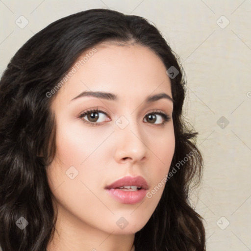 Neutral white young-adult female with long  brown hair and brown eyes