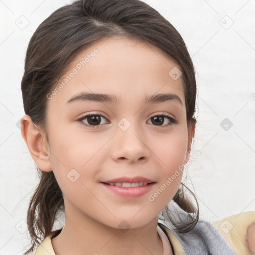 Joyful white child female with medium  brown hair and brown eyes