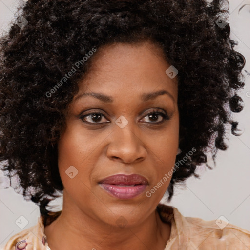 Joyful black young-adult female with medium  brown hair and brown eyes