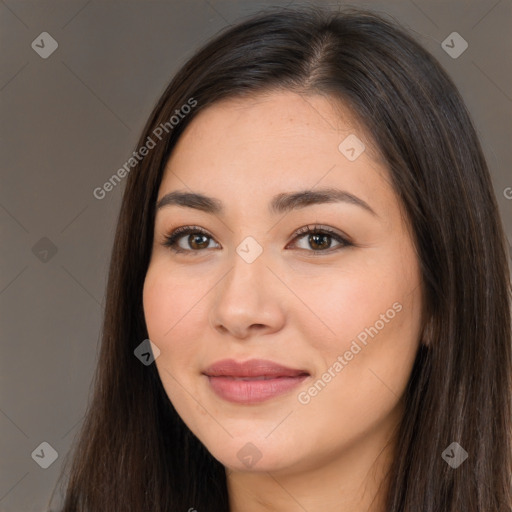 Joyful white young-adult female with long  brown hair and brown eyes