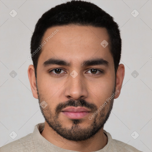 Neutral latino young-adult male with short  black hair and brown eyes