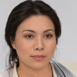 Neutral asian young-adult female with medium  brown hair and brown eyes