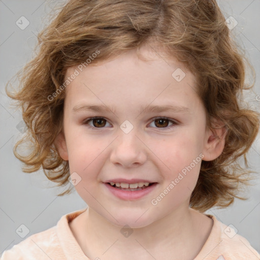 Joyful white child female with medium  brown hair and brown eyes