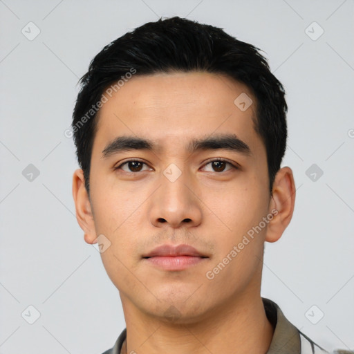 Neutral asian young-adult male with short  black hair and brown eyes