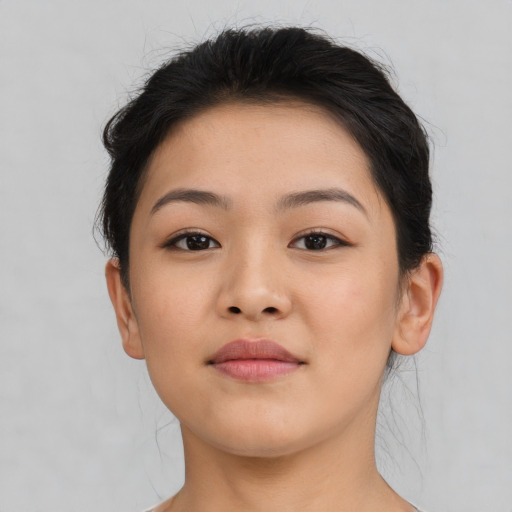 Neutral asian young-adult female with short  brown hair and brown eyes