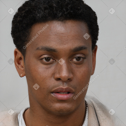 Neutral black young-adult male with short  black hair and brown eyes