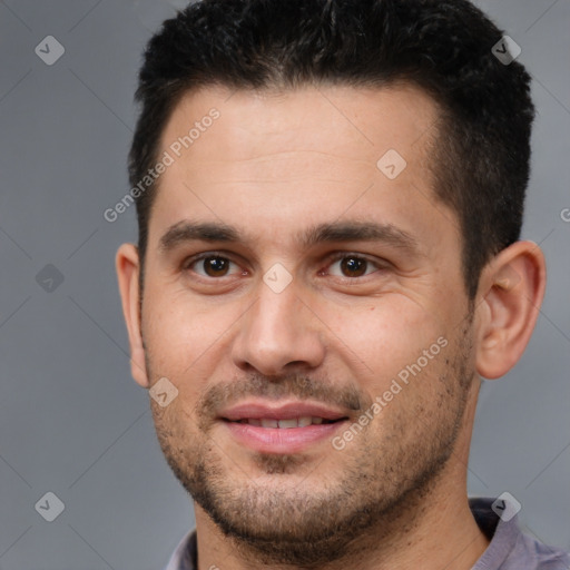 Joyful white young-adult male with short  brown hair and brown eyes