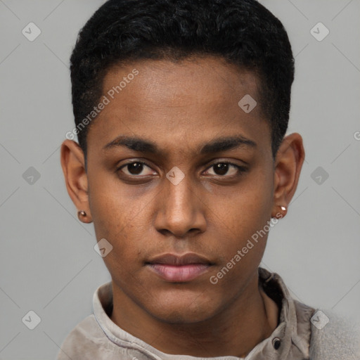 Neutral latino young-adult male with short  black hair and brown eyes