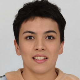 Joyful asian young-adult female with short  brown hair and brown eyes