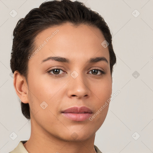 Neutral white young-adult female with short  brown hair and brown eyes