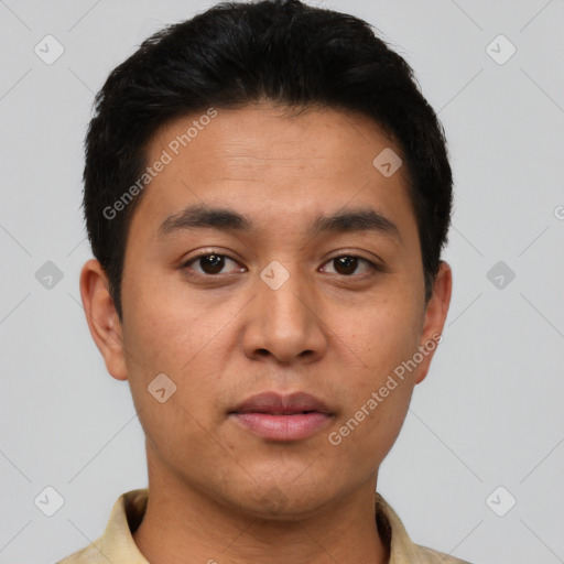 Neutral asian young-adult male with short  brown hair and brown eyes