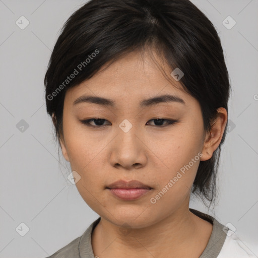 Neutral asian young-adult female with medium  brown hair and brown eyes