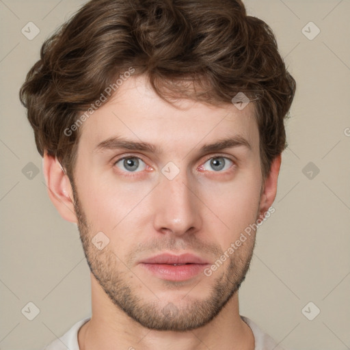 Neutral white young-adult male with short  brown hair and grey eyes