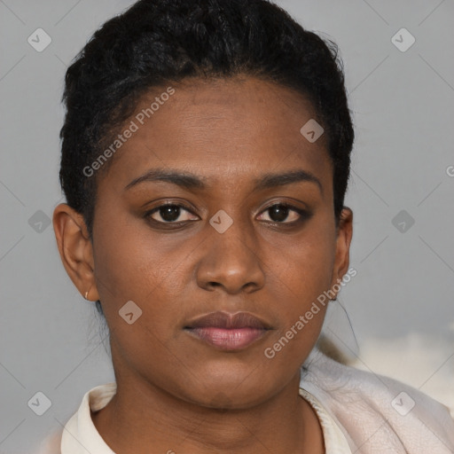 Neutral black young-adult female with short  brown hair and brown eyes