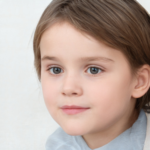 Joyful white child female with medium  brown hair and blue eyes