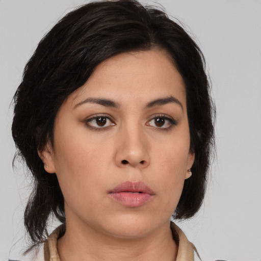 Neutral asian young-adult female with medium  brown hair and brown eyes