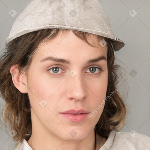 Neutral white young-adult female with medium  brown hair and grey eyes