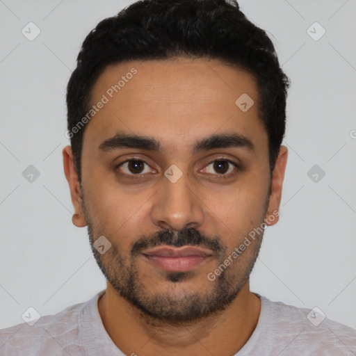 Neutral latino young-adult male with short  black hair and brown eyes