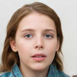 Neutral white young-adult female with medium  brown hair and blue eyes