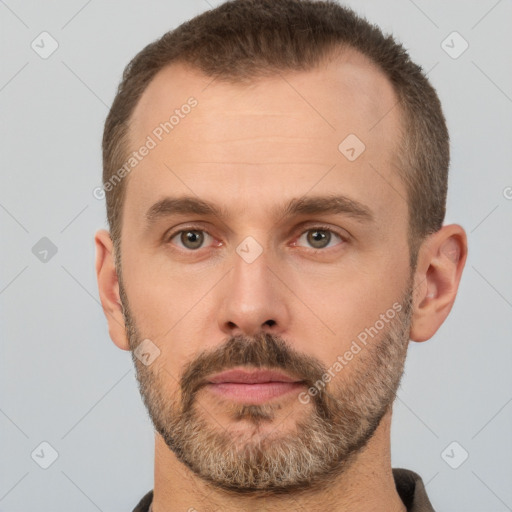 Neutral white adult male with short  brown hair and brown eyes