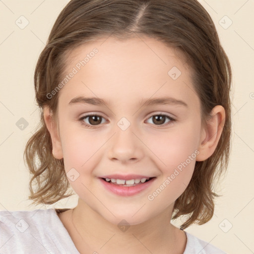 Joyful white child female with medium  brown hair and brown eyes