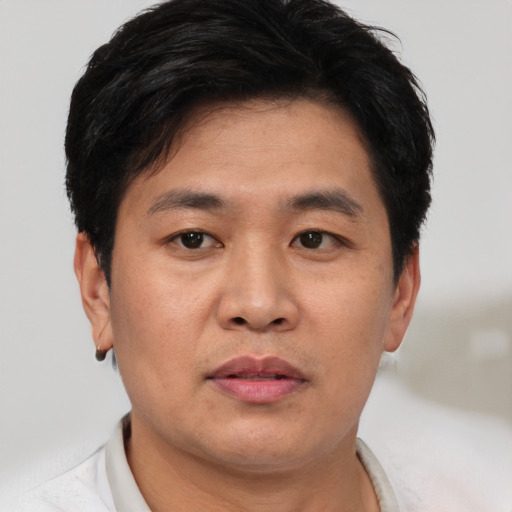 Neutral asian young-adult male with short  brown hair and brown eyes