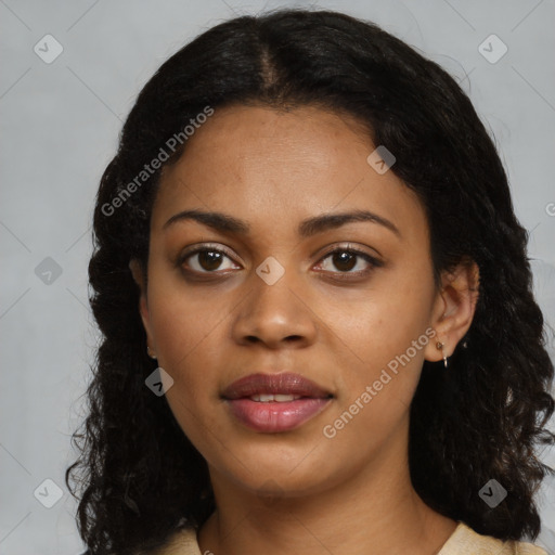 Joyful black young-adult female with medium  black hair and brown eyes