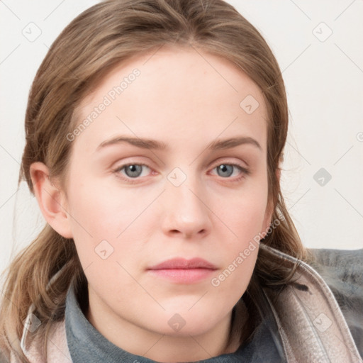 Neutral white young-adult female with medium  brown hair and blue eyes