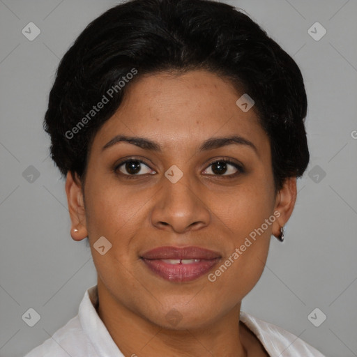 Joyful latino young-adult female with short  brown hair and brown eyes