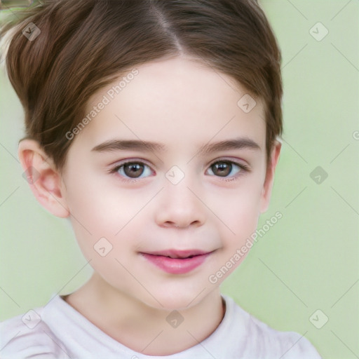 Joyful white child female with short  brown hair and brown eyes