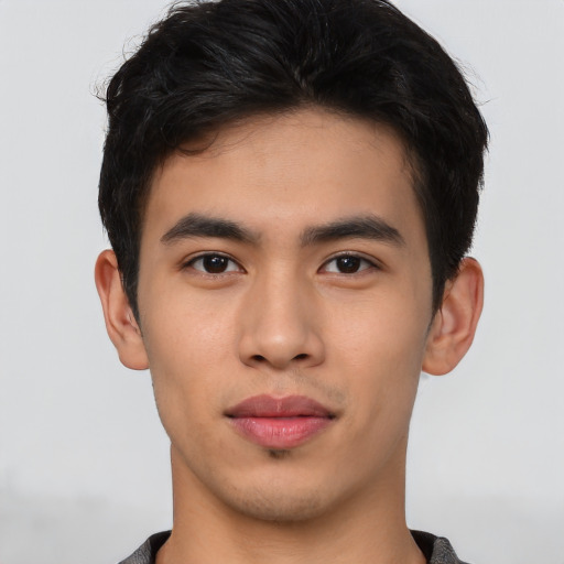 Neutral asian young-adult male with short  brown hair and brown eyes