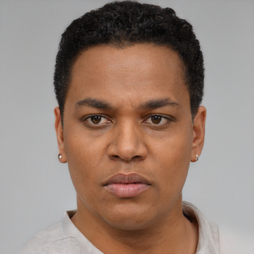 Neutral black young-adult male with short  black hair and brown eyes