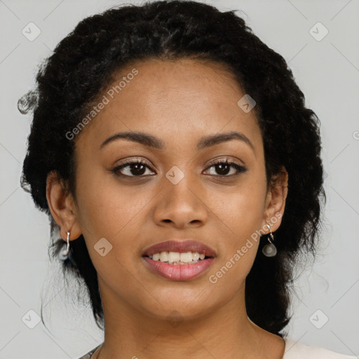 Joyful latino young-adult female with long  black hair and brown eyes