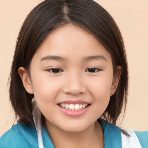 Joyful white child female with medium  brown hair and brown eyes