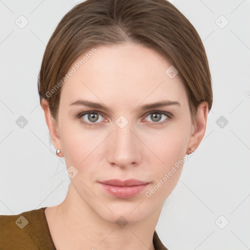 Neutral white young-adult female with short  brown hair and grey eyes