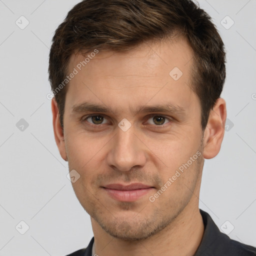 Joyful white young-adult male with short  brown hair and brown eyes