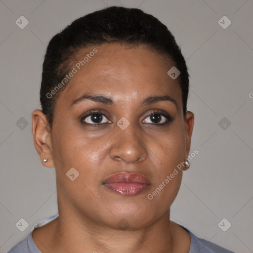 Neutral black young-adult female with short  brown hair and brown eyes