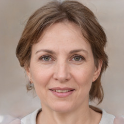 Joyful white adult female with medium  brown hair and grey eyes