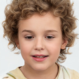 Joyful white child female with medium  brown hair and brown eyes