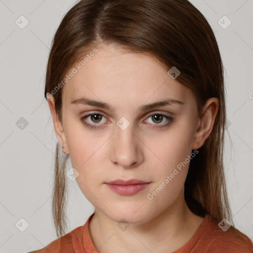 Neutral white young-adult female with medium  brown hair and brown eyes